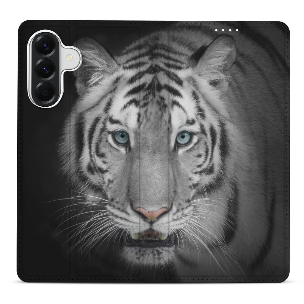 Samsung Galaxy A57 Bookcase Tijger Witte Tijgerprint Vooraanzicht.