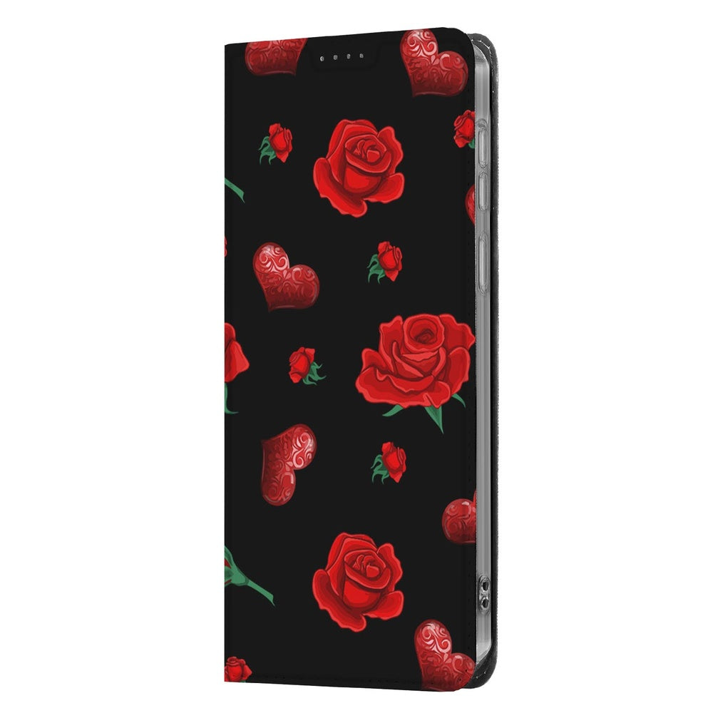 Samsung Galaxy A57 Bookcase Valentine zwart_rozen harten vooraanzicht.