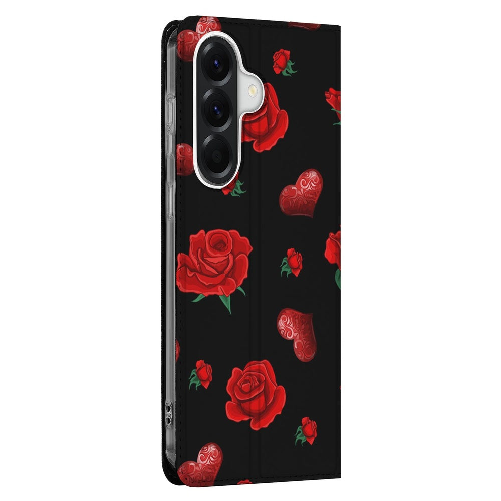 Samsung Galaxy A57 Bookcase Valentine design zwart met rode rozen harten vooraanzicht.