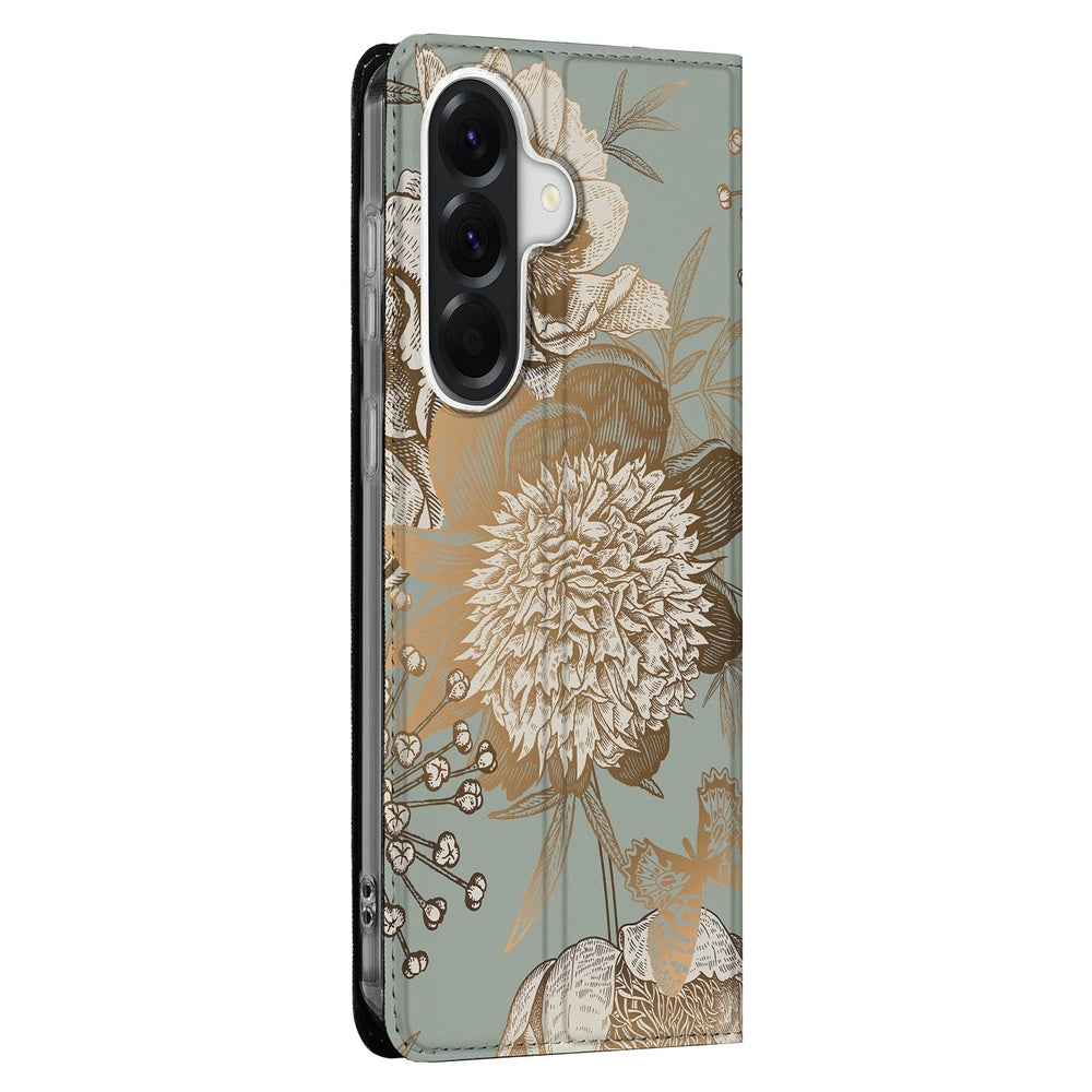 Samsung Galaxy A57 Book Cover Vintage Bird Flowers detailzijde vintage bloemen patroon teal/groenblauw.