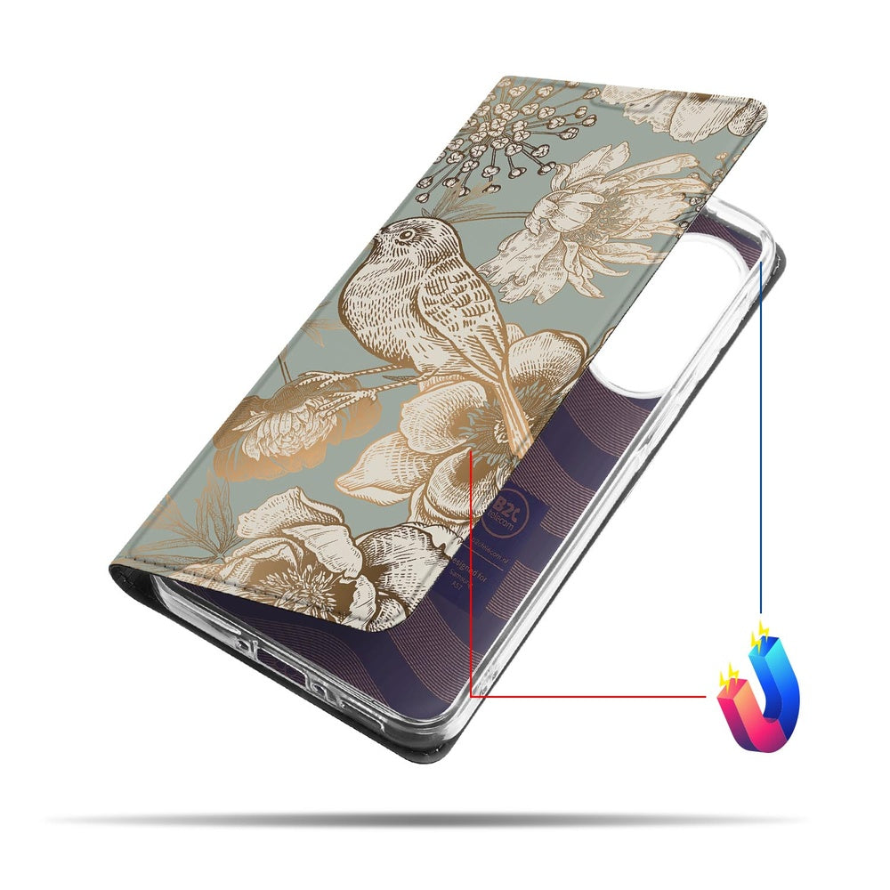 Samsung Galaxy A57 Book Cover Vintage Bird Flowers detail aanzicht.