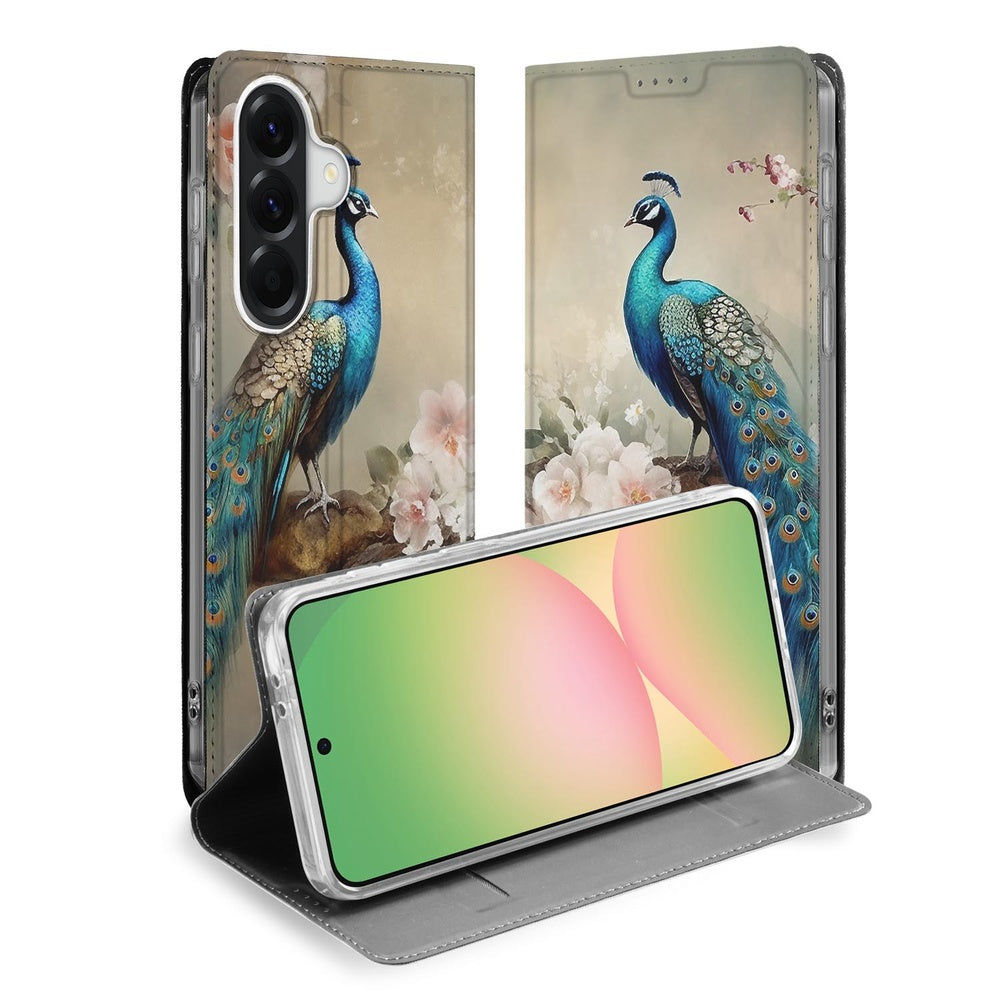 Samsung Galaxy A57 Bookcase Vintage Pauwen voorkant detail van de pauwenprint met zachte bloemen.