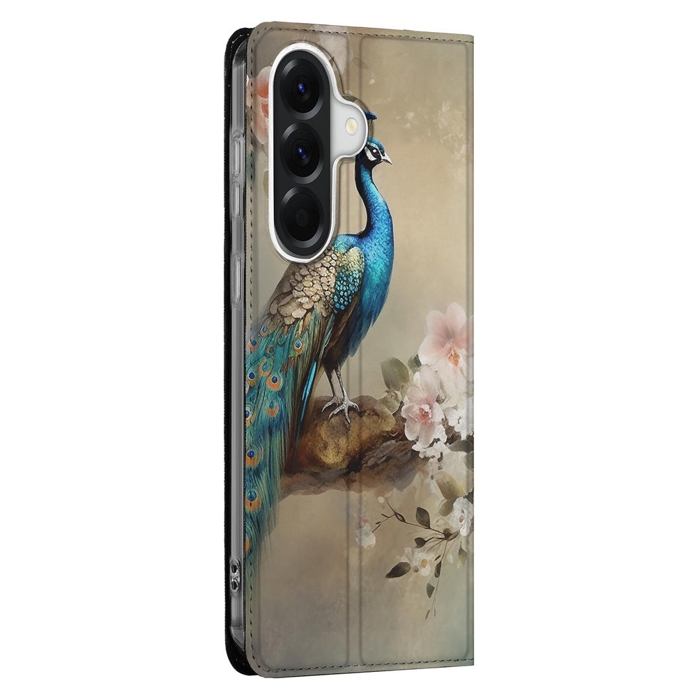 Samsung Galaxy A57 Bookcase Vintage Pauwen vintage pauwenprint zachte bloemen vooraanzicht.