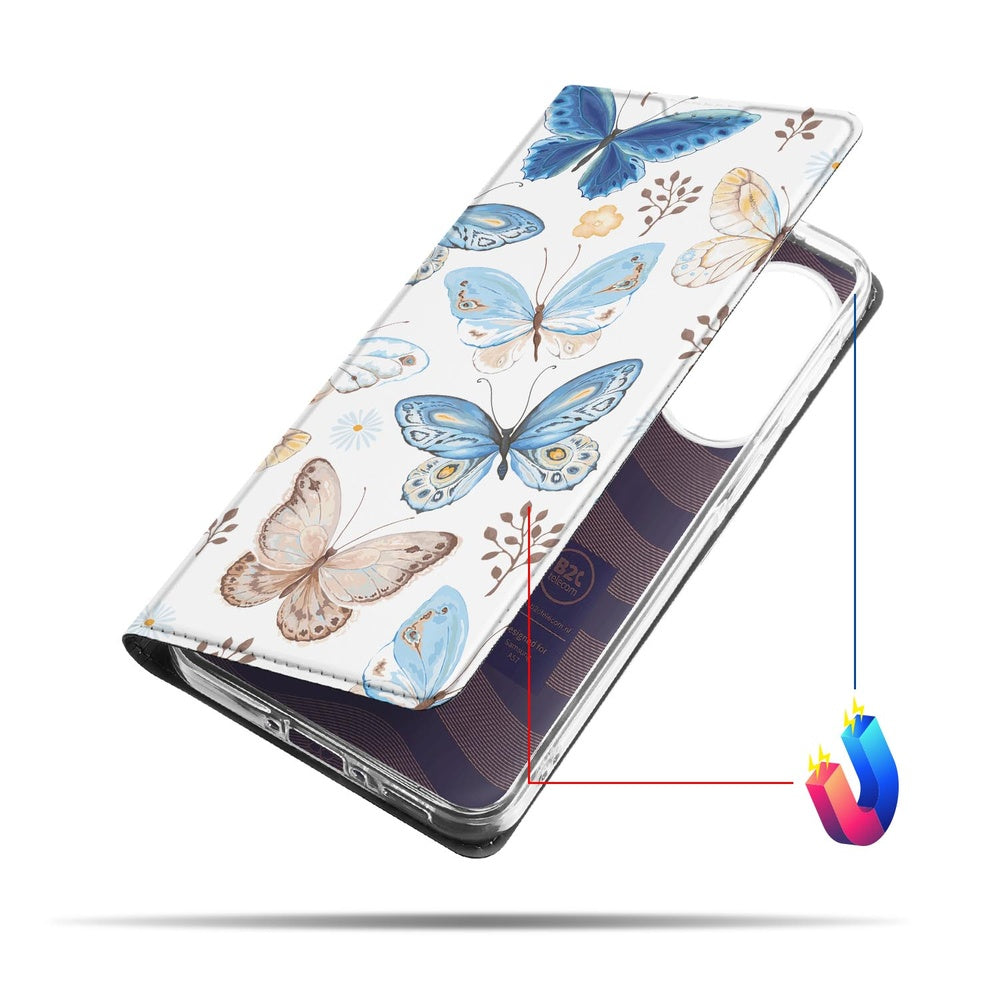 Samsung Galaxy A57 Telefoonhoesje Vlinder vlinderdesign hoesje wit PU-leer vooraanzicht.