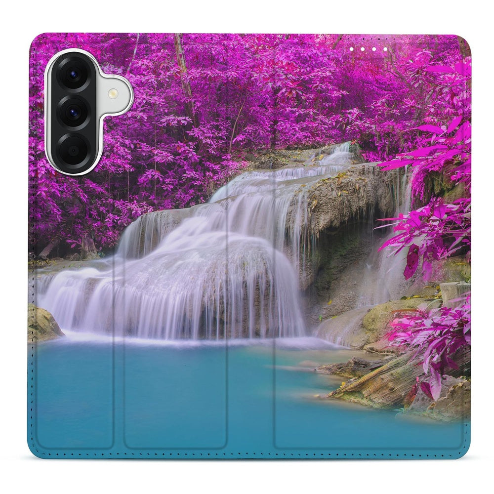 Samsung Galaxy A57 Telefoonhoesje Waterval boekhoes met waterval en paarse bladeren vooraanzicht.