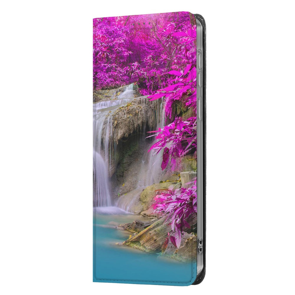 Samsung Galaxy A57 Telefoonhoesje Waterval book cover waterval rotsen paarse bladeren zijaanzicht.