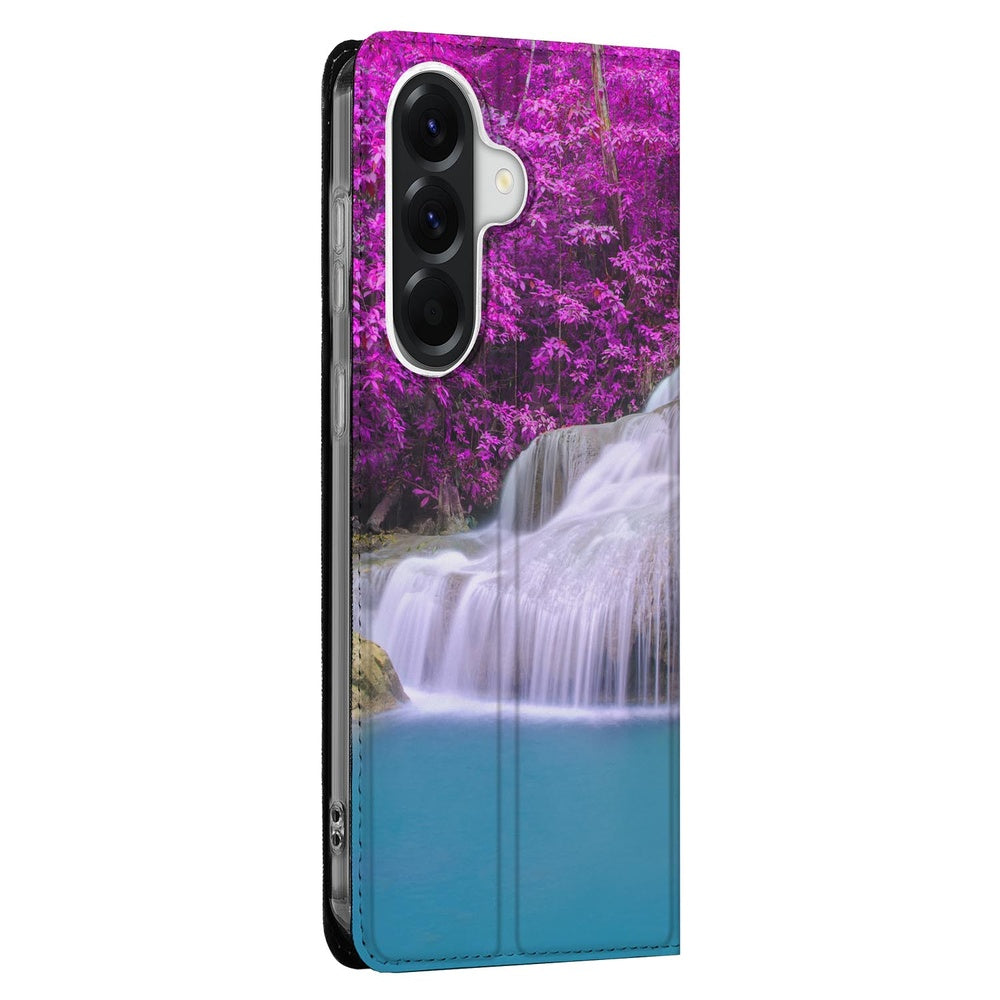Samsung Galaxy A57 Telefoonhoesje Waterval book cover waterval rotsen helderblauw intens paarse bladeren. 