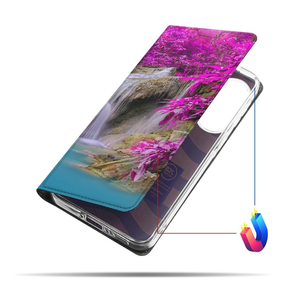 Samsung Galaxy A57 Telefoonhoesje Waterval book cover waterval rotsen paars bladeren vooraanzicht.