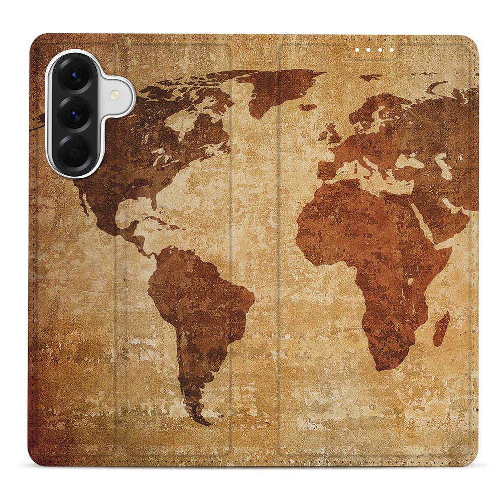Samsung Galaxy A57 Book Wallet Case Wereldkaart wereldkaartprint vooraanzicht.