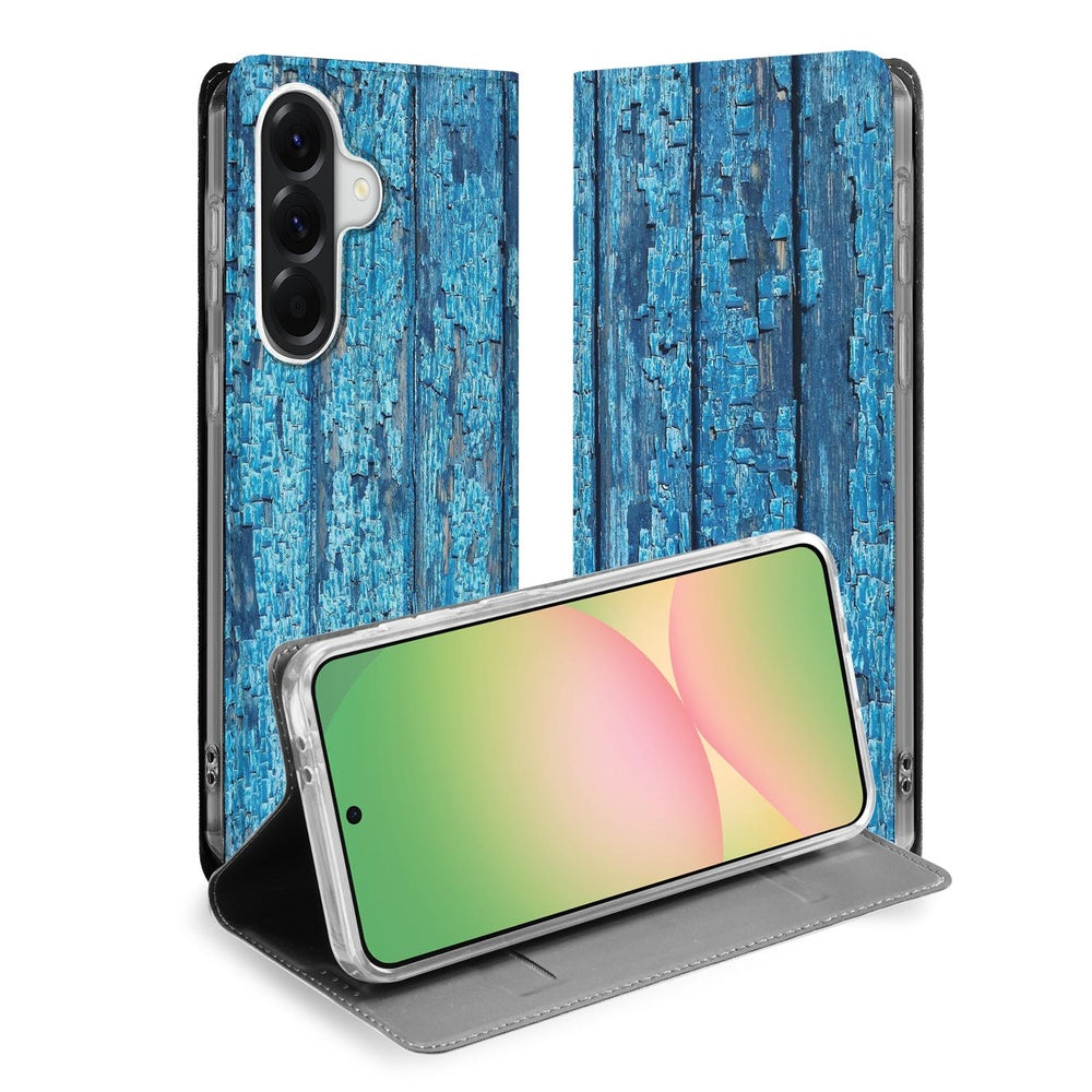 Samsung Galaxy A57 Flip Style Cover Wood Blue vooraanzicht.