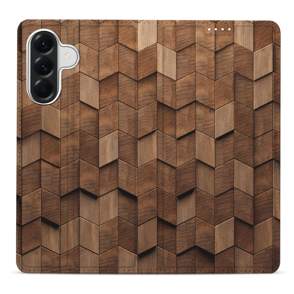 Samsung Galaxy A57 Smart Cover Hoesje Wooden Cubes houten blokjes print achteraanzicht.