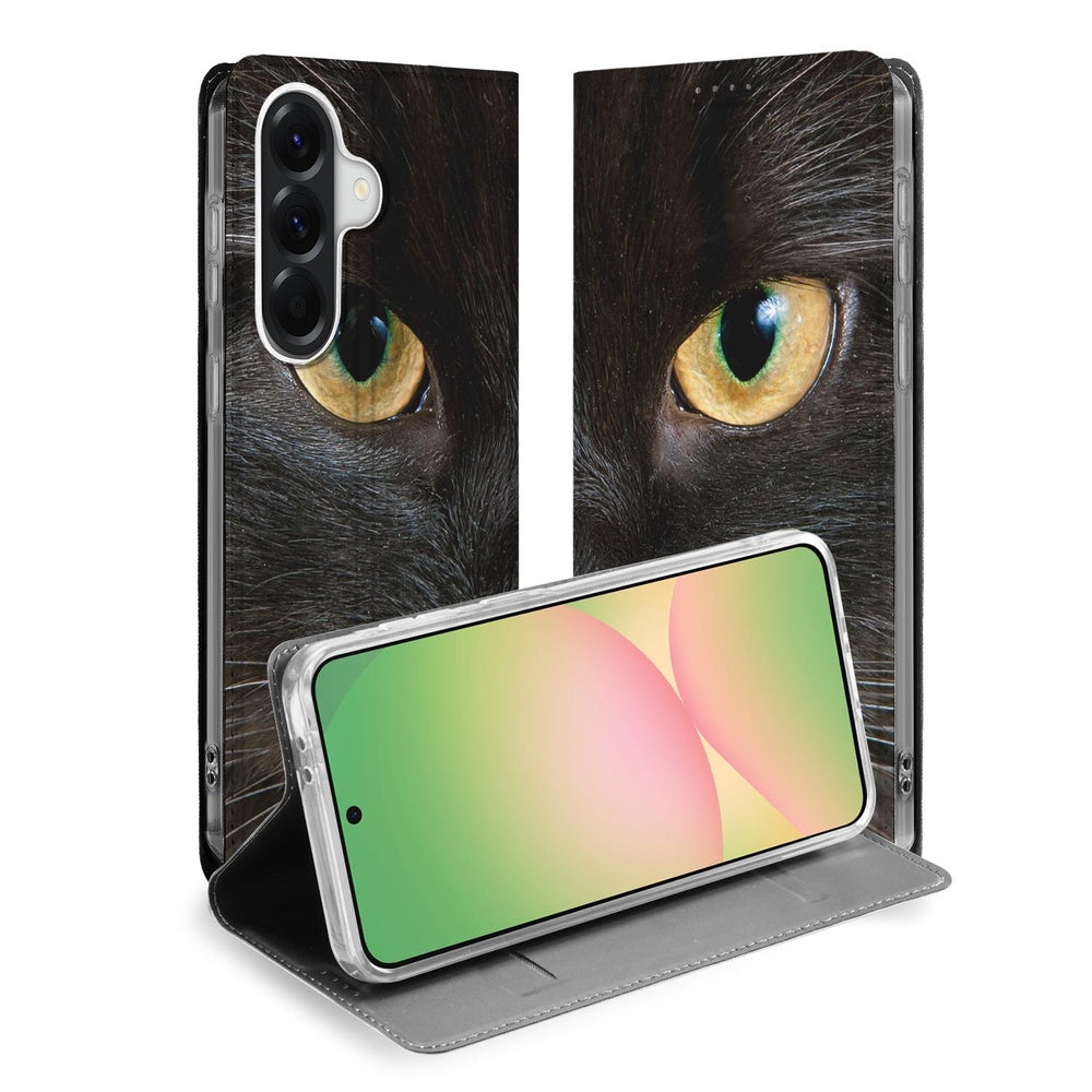 Samsung Galaxy A57 Book Case Zwarte Kat book case zwarte kat kattenogen vooraanzicht.