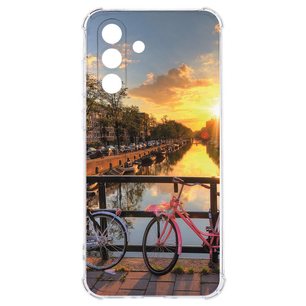 Samsung Galaxy A57 Flexibele back cover Amsterdamse Grachten Schokbestendig Fiets en sunset aan de gracht.