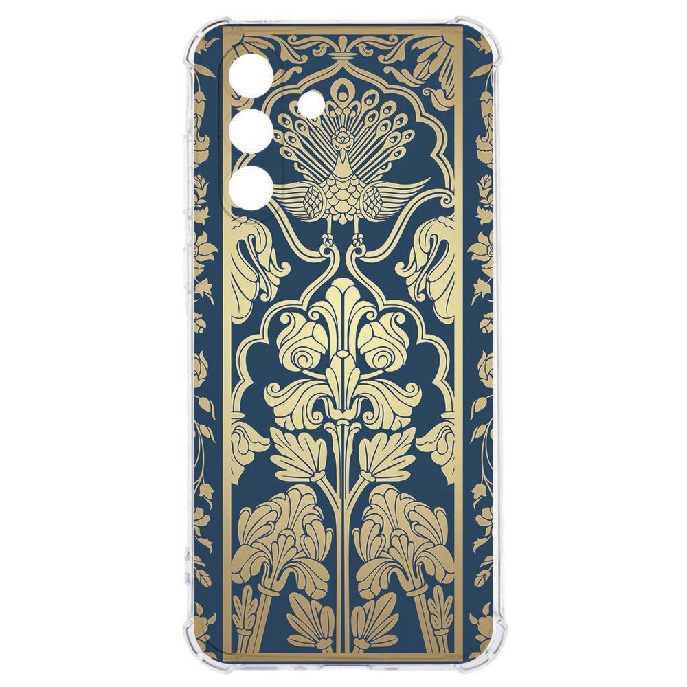Samsung Galaxy A57 Flexibele back cover Beige Flowers Valbestendig Afbeelding van een transparant hoesje met een blauw-gouden ontwerp.