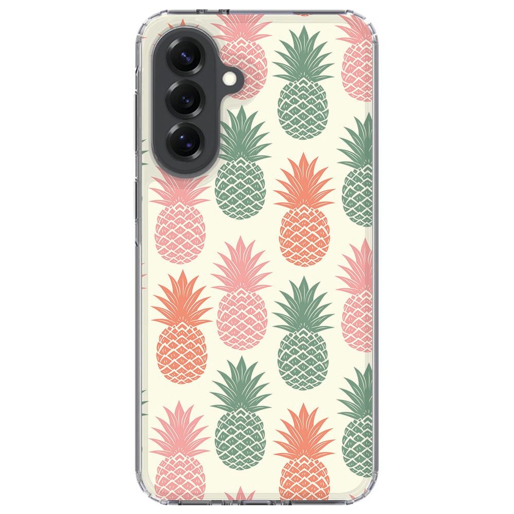 Zijaanzicht van het Samsung Galaxy A57 Ananas hoesje met knop-overlay en pasteltinten