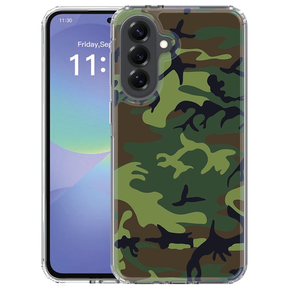 Samsung Galaxy A57 siliconen hoesje met Army Dark camouflageprint, gezien vanaf de achterkant