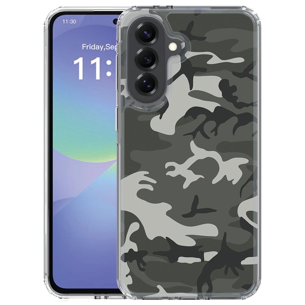 Siliconen hoesje Samsung Galaxy A57 met Army Light patroon in grijs en groen, achteraanzicht