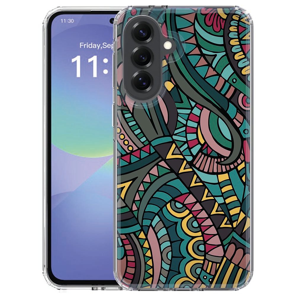 Achterkant van het back cover hoesje Samsung Galaxy A57 met meerkleurige Aztec-print