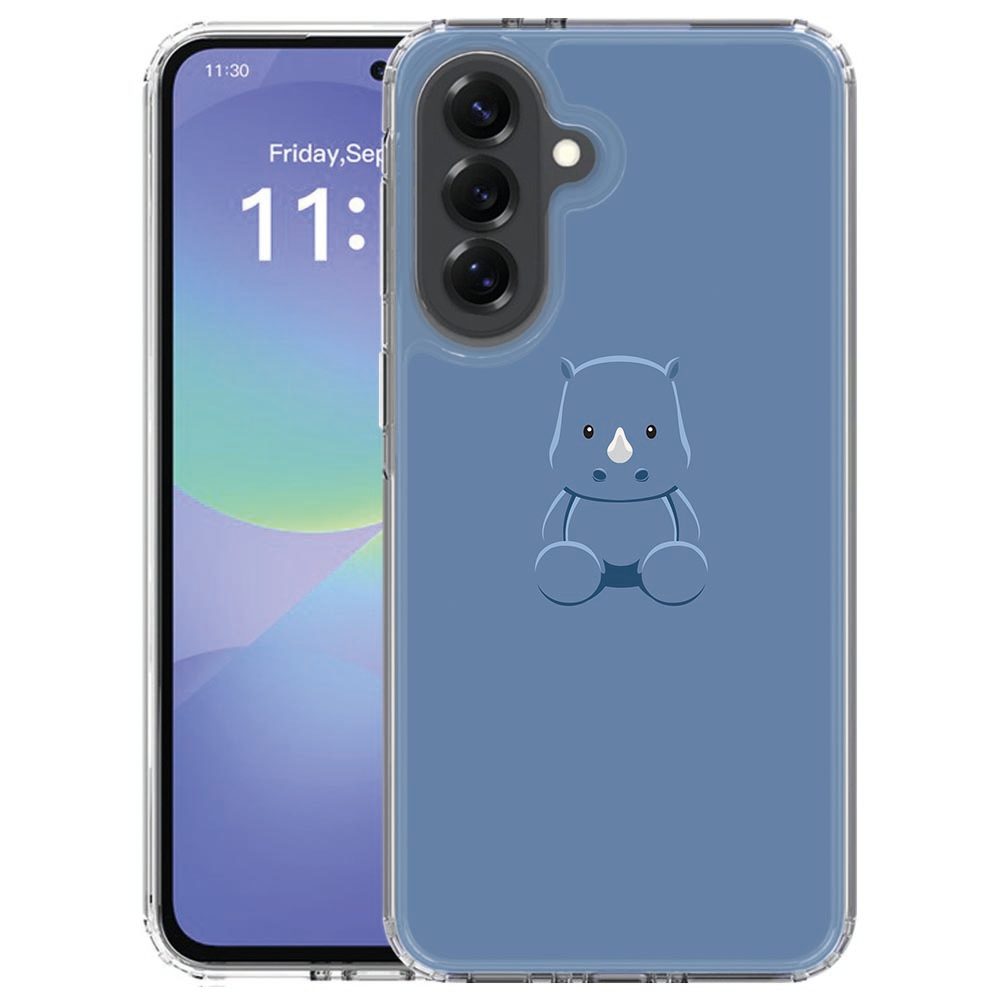 Samsung Galaxy A57 TPU hoesje met blauwe Baby Rhino print, gezien vanaf de achterzijde