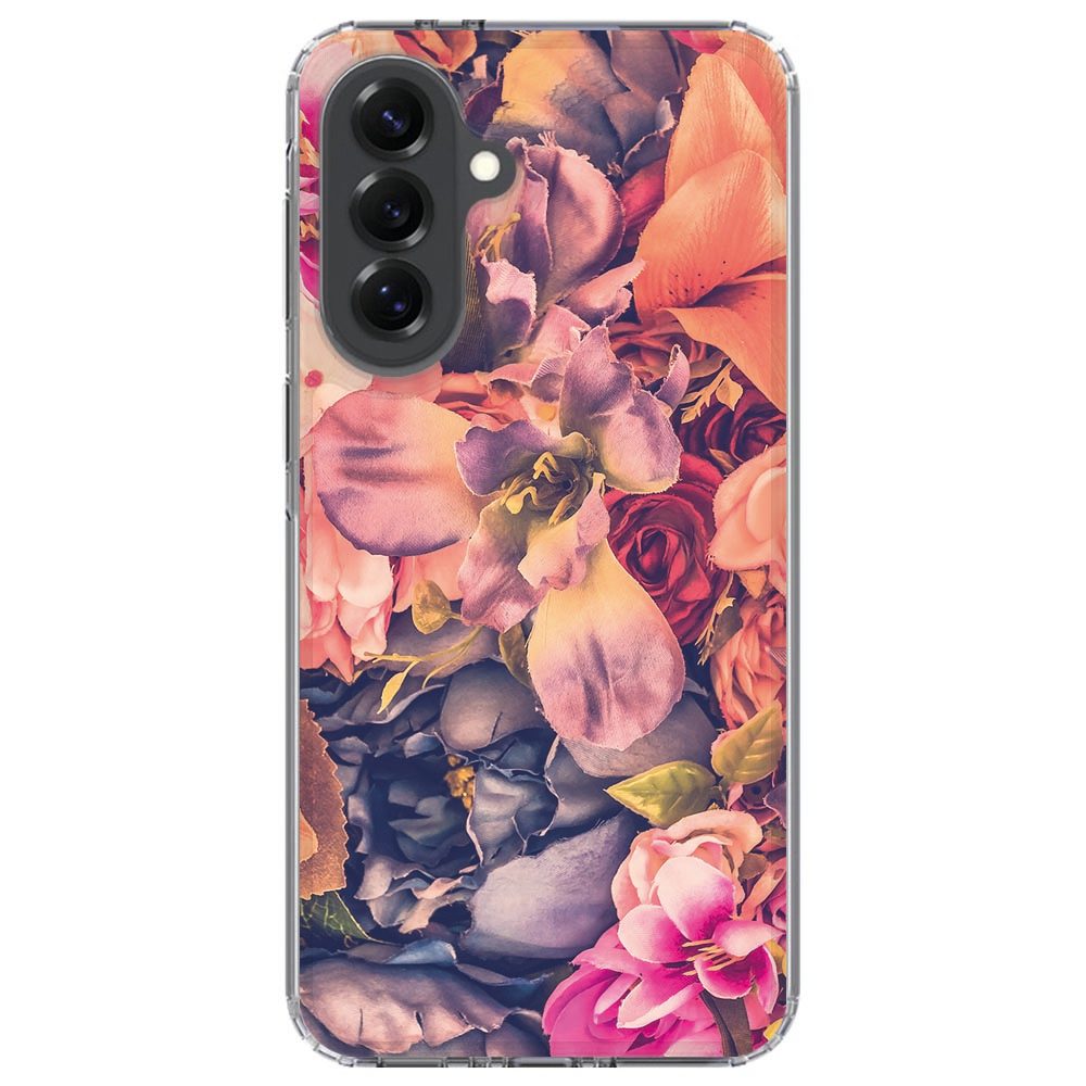 Samsung Galaxy A57 met Bosje Bloemen hoesje schuin gezien, transparante zijkanten zichtbaar