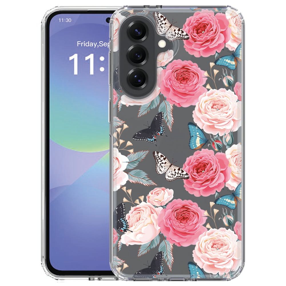 Butterfly Roses TPU hoesje op een Samsung Galaxy A57, achteraanzicht met rozen en vlinders