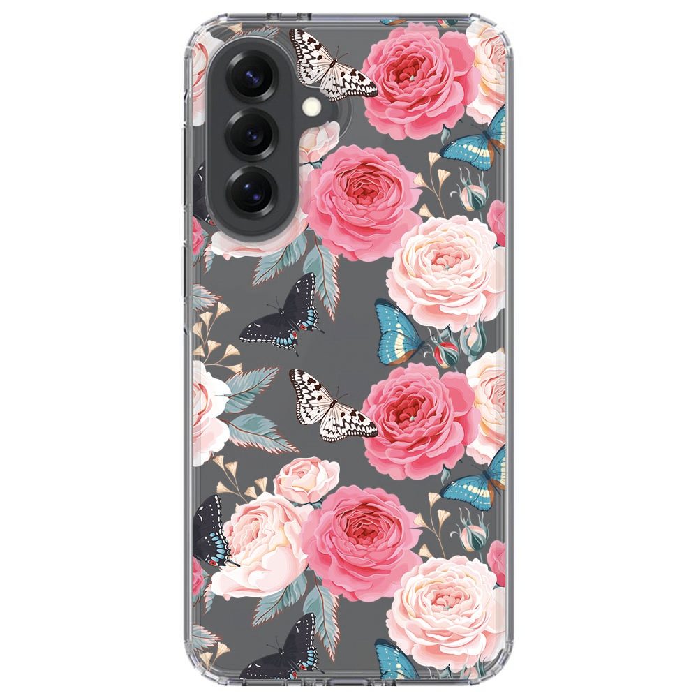 Detail van de Butterfly Roses print op het Samsung Galaxy A57 hoesje in roze tinten