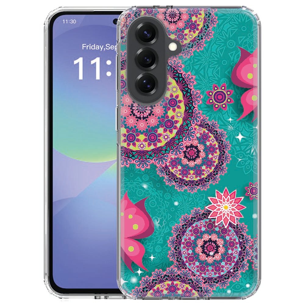 Siliconen hoesje Cirkels en Vlinders om een Samsung Galaxy A57, recht van achteren