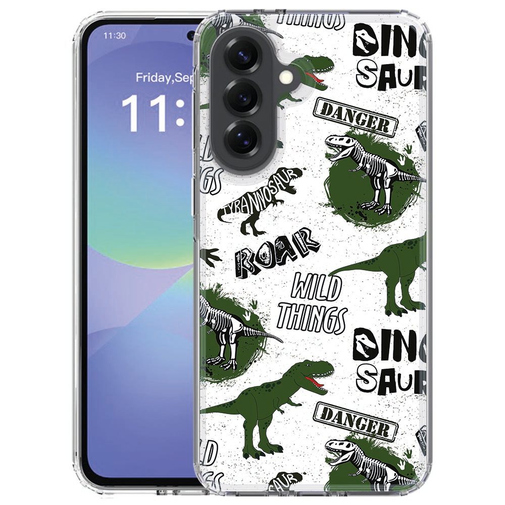 Achterkant van het Samsung Galaxy A57 back cover hoesje met groen-witte Dinosaurus print
