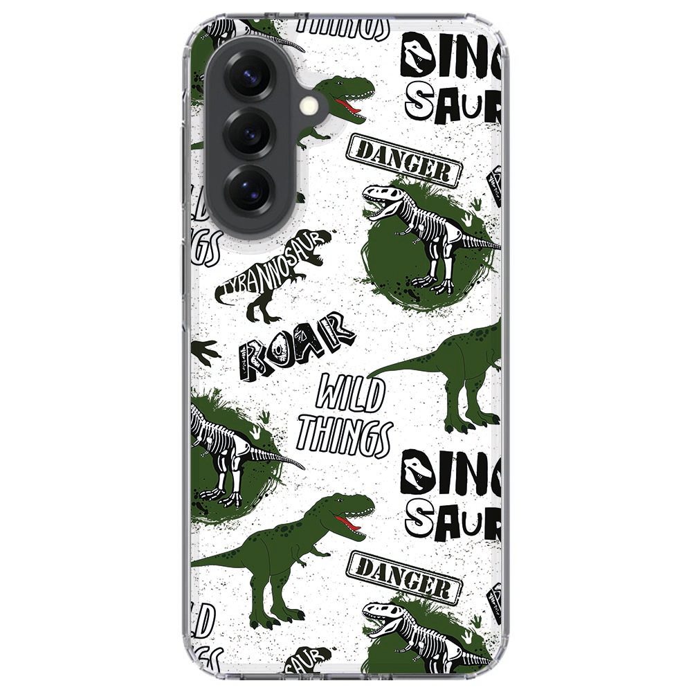 Samsung Galaxy A57 hoesje Dinosaurus schuin van opzij met zicht op de transparante rand
