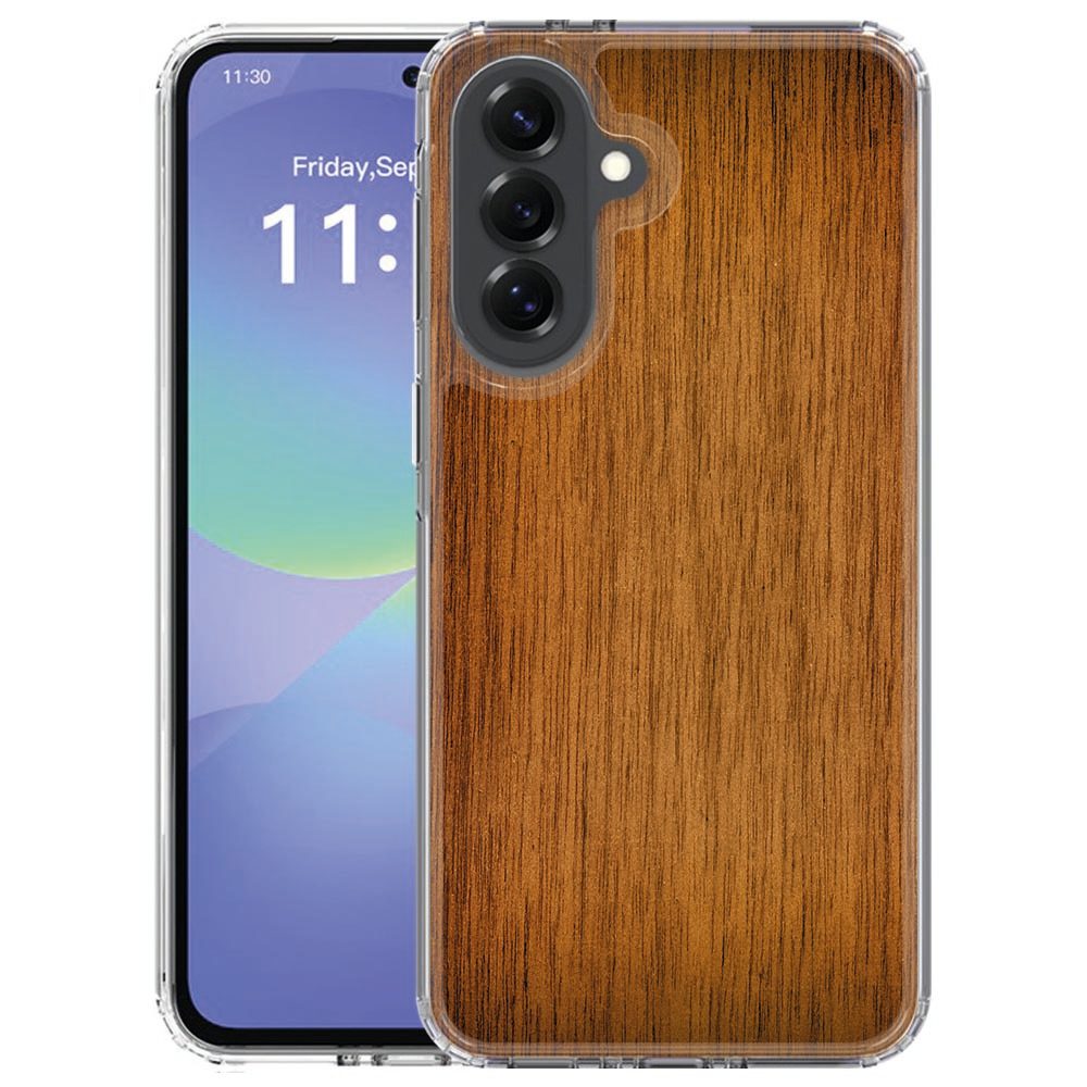Samsung Galaxy A57 siliconen hoesje Donker Hout met donkerbruine houtlook, achteraanzicht