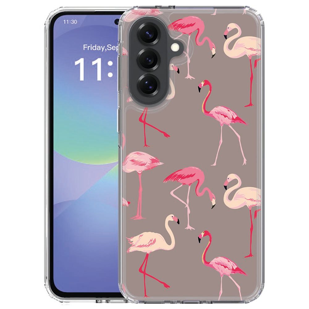 Samsung Galaxy A57 softcase hoesje Flamingo, achteraanzicht met roze vogelillustratie