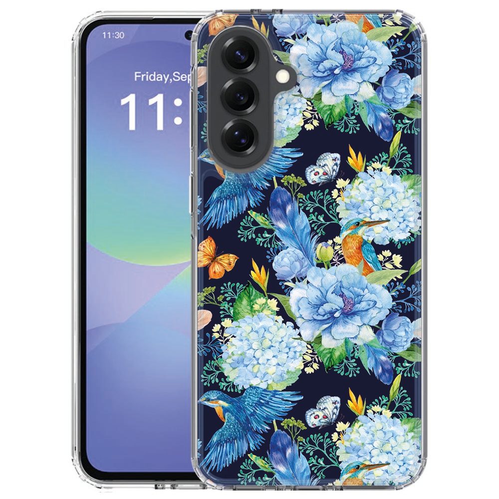 Back cover hoesje Samsung Galaxy A57 met blauw-witte IJsvogel-print, recht van achteren