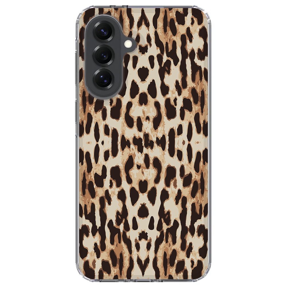 Close-up van de bruin-beige Leopard print op het Samsung Galaxy A57 hoesje