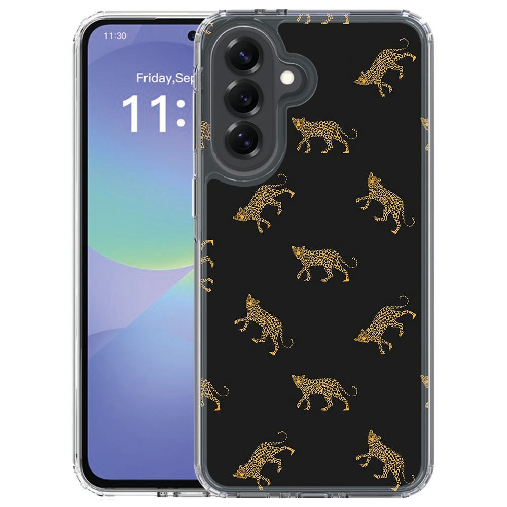 Samsung Galaxy A57 met het Leopards hoesje schuin bekeken, transparante zijkant zichtbaar