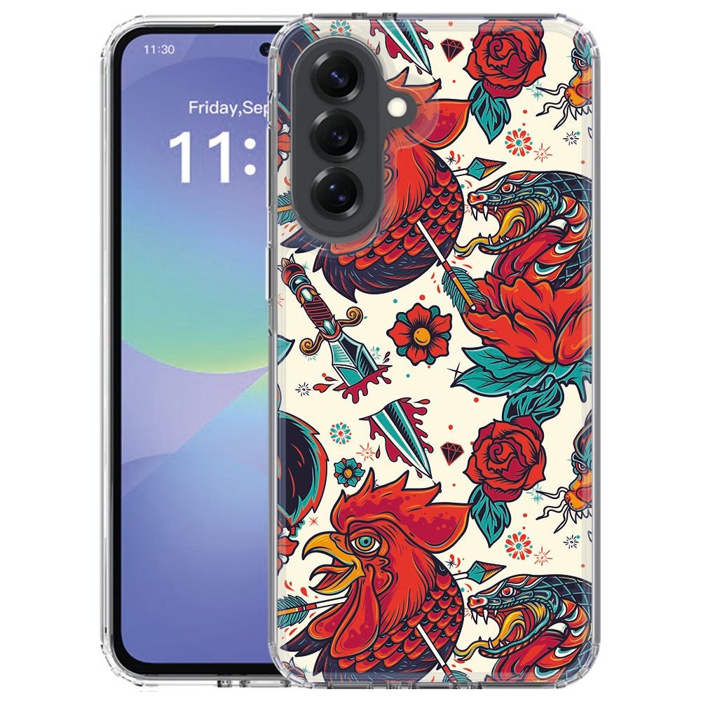 Achterkant van het back cover hoesje Samsung Galaxy A57 met meerkleurige Old Skool retroprint