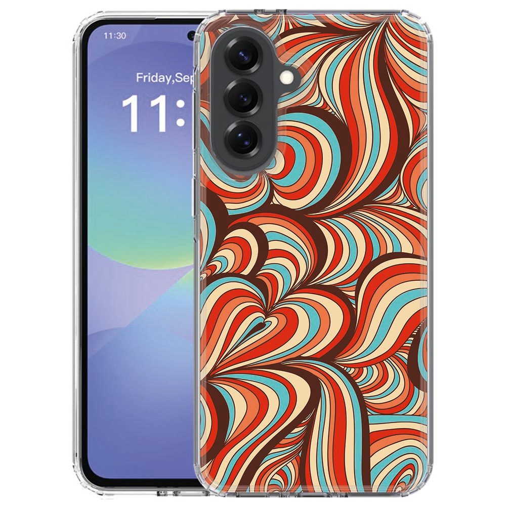 TPU hoesje Samsung Galaxy A57 met Retro print van meerkleurige vormen, gezien vanaf de achterkant