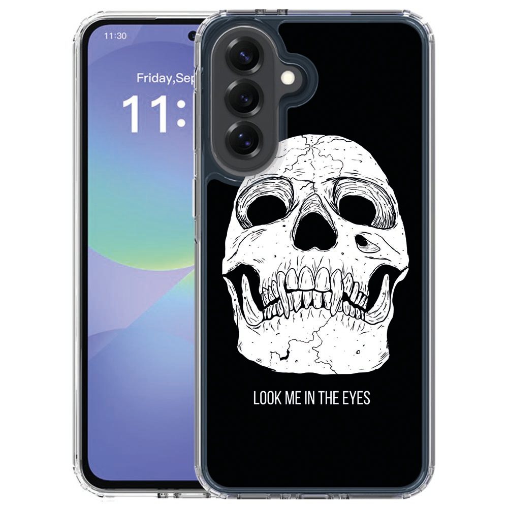Zwart-witte Skull Eyes print op het siliconen hoesje voor de Samsung Galaxy A57, achteraanzicht
