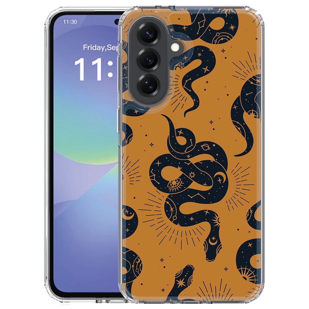 Siliconen hoesje Samsung Galaxy A57 met bruin-zwarte Snakes slangenprint op de achterkant