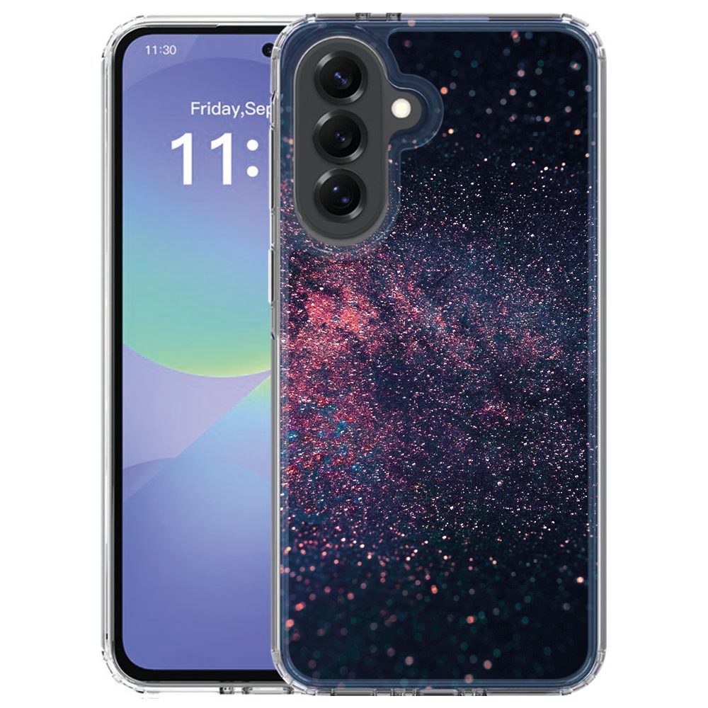 Achterkant van het Samsung Galaxy A57 back cover hoesje Stars met paarse sterren op zwart