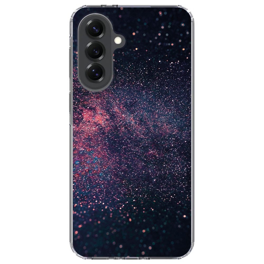 Samsung Galaxy A57 hoesje Stars schuin bekeken, met transparante zijkant en verhoogde cameraranden