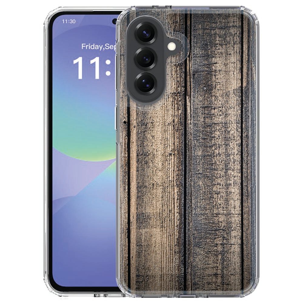 Back cover hoesje Samsung Galaxy A57 Steigerhout met gele en bruine planken, achteraanzicht