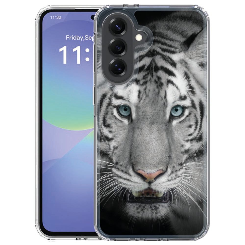 Samsung Galaxy A57 softcase hoesje Tijger met zwart-grijze tijgerkop op de achterkant