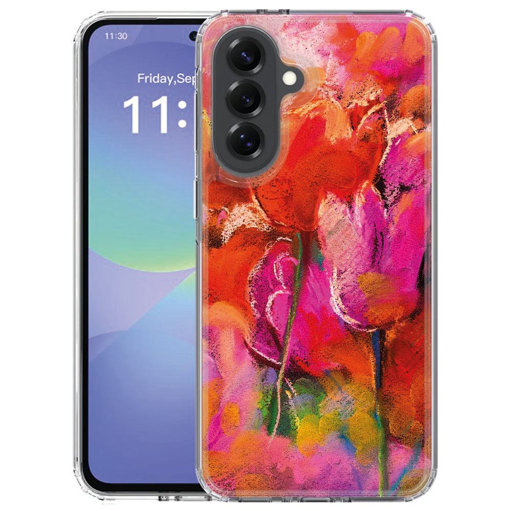 Samsung Galaxy A57 TPU hoesje Tulips met rode en roze tulpen in waterverfstijl, achteraanzicht