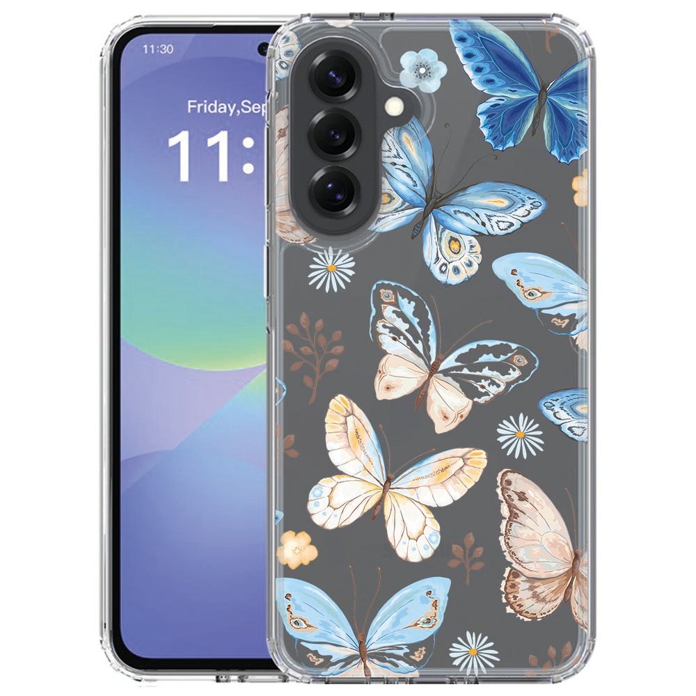 Achterkant van het TPU hoesje Samsung Galaxy A57 met Vlinder-design in blauw, wit en bruin