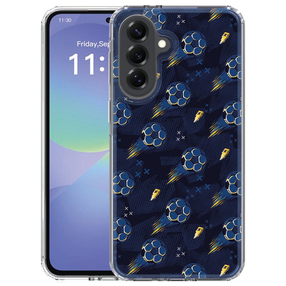 Samsung Galaxy A57 siliconen hoesje met blauw Voetbal-patroon, gezien vanaf de achterkant