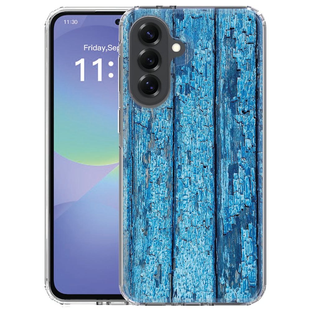 Achterkant van het Samsung Galaxy A57 softcase hoesje Wood Blue met blauwe houtnerfprint