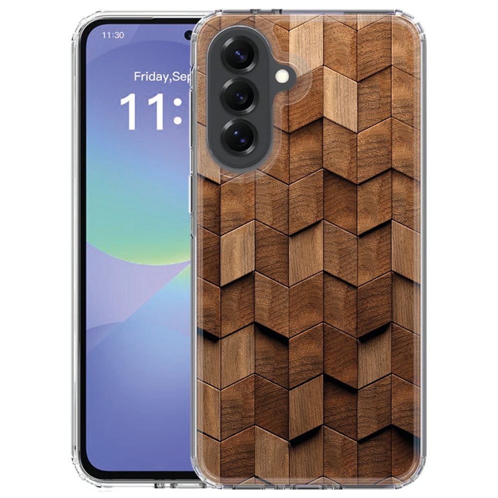 Wooden Cubes TPU hoesje voor de Samsung Galaxy A57, achteraanzicht met bruin blokjespatroon