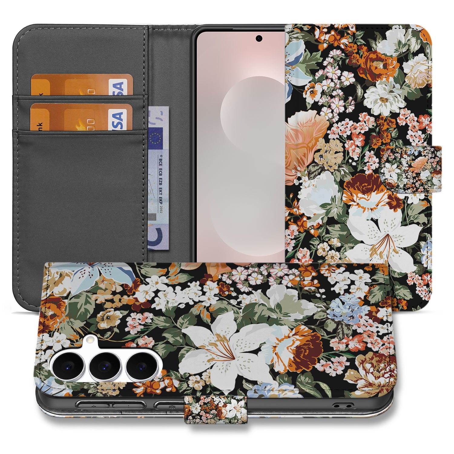 PU Leer Portemonnee Hoes Dark Flowers Voor Samsung Galaxy S25 FE Met 3 Pasjes