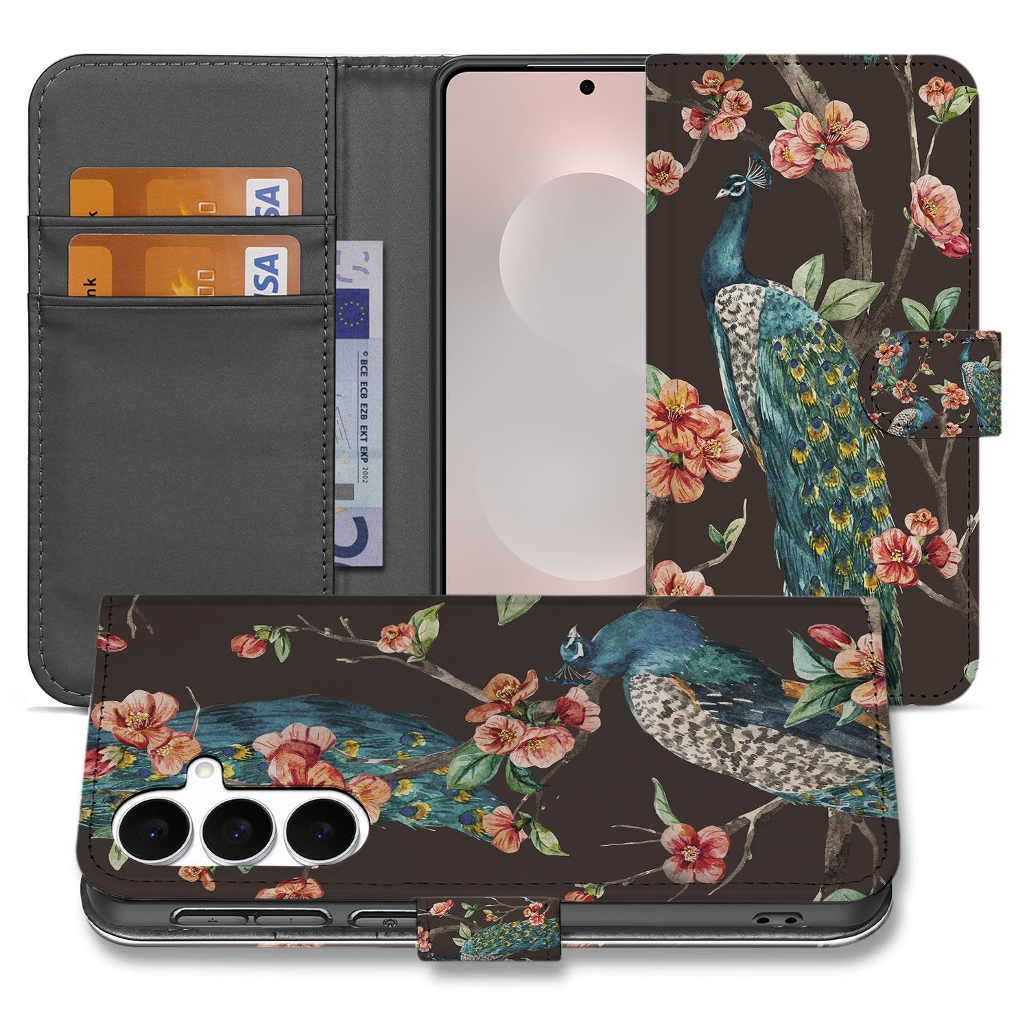 Samsung Galaxy S25 FE Bookcase Hoesje Met Pasjes Pauw Bloemen Print
