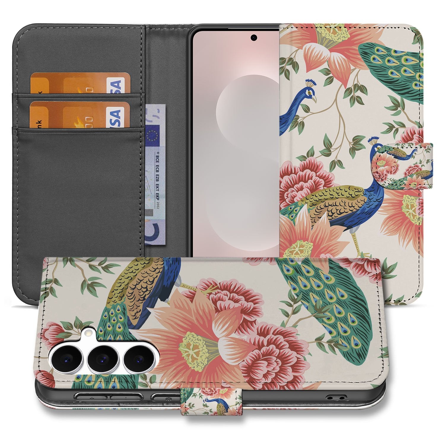 Samsung Galaxy S25 FE Hoesje Met Pasjes Pink Peacock PU Leer 3 Pasjes